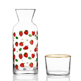 Wrenbury Strawberry Bedside Water Carafe and Glass Set - 23 oz Vintage Water Pitcher with Cup - Charming Strawberries Nightstand Decanter and Cup