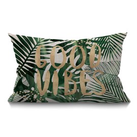 BGBDEIA Palm Leaf Cushion Cover 12x20 Inch Good Vibes Word Palm Tree Tropical Jungle Leaves Rectangle Pillow Cases Home Decorative Cotton Linen Throw Pillow Cover for Bed Sofa Green 30 x 50 cm
