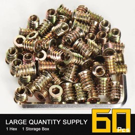 60PCS 1/4-20 Threaded Inserts for Wood *15mm, Exceptional Threaded Insert Nuts for Furniture, Wooden Products and Wooden Models