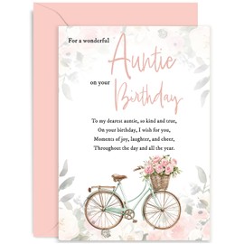 Special Auntie Birthday Card for Her - Floral Bicycle Basket Birthday Card for Auntie - Special Female Birthday Card - Pastel Flower Wreath Greeting Card for Her
