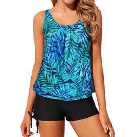 Yonique Blouson Tankini Swimsuits for Women Two Piece Bathing Suits Tops with Boyshorts Modest Loose Fit Swimwear Green Leaf XL