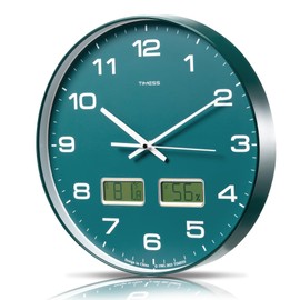 TIMESS Wall Clock, 14" Large Dial Non-Ticking Silent Battery Operated Analog with Dual LCD Display for Instant F° Temperature and Humidity, Ideal Modern Home, Bedroom, Office Decor (Green)
