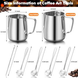 Irenare 2 Pcs Milk Frothing Pitcher 12 Oz and 20 Oz Stainless Steel Milk Frother Cup with 4 Floral Dessert Coffee Spoons 2 Decorating Art Pens Espresso Accessories Set for Kitchen Cafe Bar(Silver)