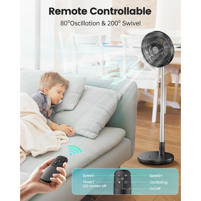 TriPole Foldable Standing Fan 12" Portable Rechargeable Battery Pedestal Fan