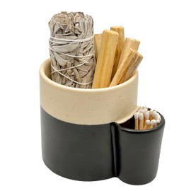 Flora Jane's Smudge Holder Cup with Match Storage - Ceramic Smudge Stick Holder for Sage and Palo Santo, Smudge Bowl with Easy Light Match Striker (Matte Black & Tan)