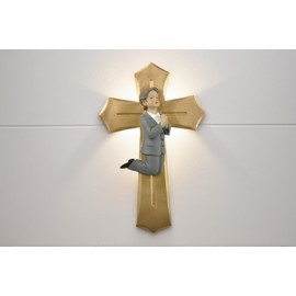 PlentifulHome This hand-carved off white resin crucifix statue is religious artwork that shows the Holy Spirit family and the Jesus family