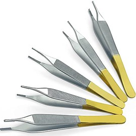 SURGICALONLINE T/C Adson Plastic Surgery Forceps 4.75" Straight Fine Point with Tungsten Carbide Inserts Surgical Veterinary Instruments with Gold Handle (1x2 Teeth, Adson Dressing Forceps, TC)