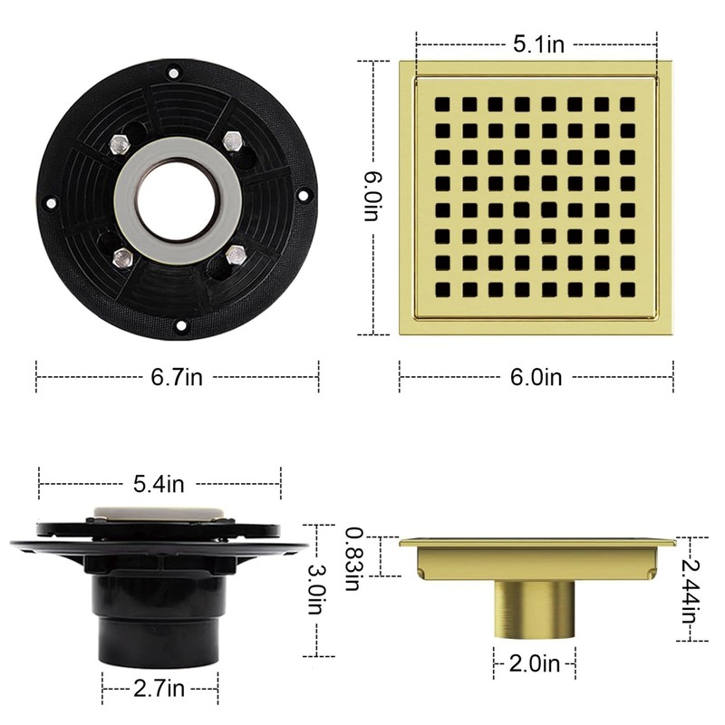 6 Inch Square Shower Floor Drain, Shower Drain Kit with