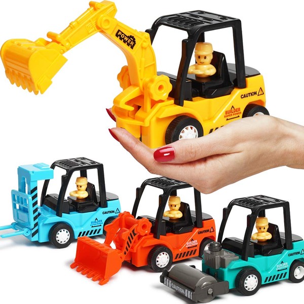 Construction Toys 4 Pack Set with Excavator, Bulldozer, Road Roller, Lift Truck Toys, Friction Powered Push and Go Toy Cars for Toddlers, Kids, 3,4,5,6 Year Old Boy, Girl, Sandbox Trucks Vehicles