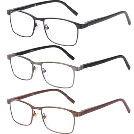 AQWANO Reading Glasses Men Metal Frame Rectangle Style Blue Light Blocking Computer Readers Stainless Steel Material Spring Hinges, 2.75