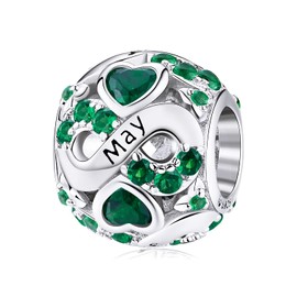 VOROCO May Birthstone 925 Sterling Silver Infinity Love Heart Charm Bead for Bracelets and Necklaces with Cubic Zirconia, Birthday Jewelry Gifts for Women