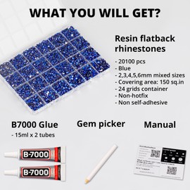 b-7000 Adhesive Glue with 20100 Pcs Blue Rhinestones for Crafts Clothing Clothes Fabric Shoes, Dark Royal Navy Blue Flatback Gems Crystals, Flat Back Diamonds Mix ss6-ss30, Non Hotfix Rhinestones Bulk