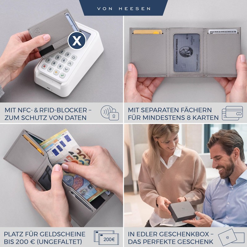 VON HEESEN slim wallet, gray, With mini coin compartment