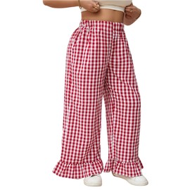 Verdusa Women's Plus Size Gingham Checkered Pants Elastic High Waisted Ruffle Hem Trousers Red and White 0XL