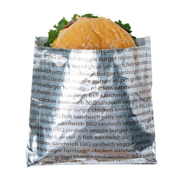 Restaurantware Bag Tek 5.9 x 1.2 x 6.5 Inch Burger Wrappers 100 Greaseproof Sandwich Wraps - Freezer-Safe Heat-Resistant Printed Foil Hamburger Bags Non-Vented Keeps Food Warm
