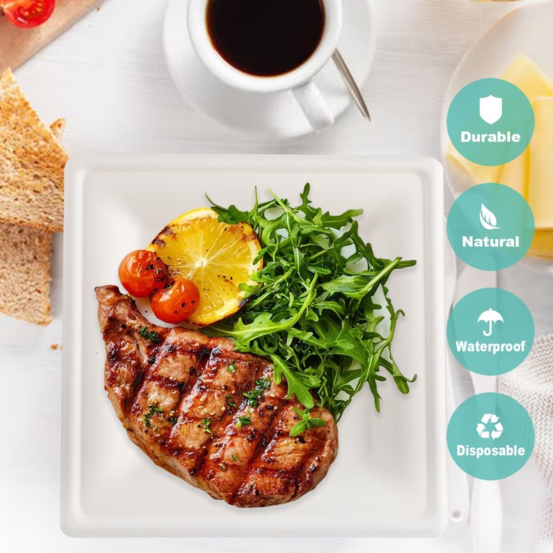 PLMMOUT 150 Pack Square Paper Plates, 8 Inch Compostable Plates,