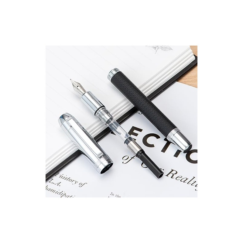 Jinhao 92 Pluma estilográfica negra plateada, punta media, metal sólido