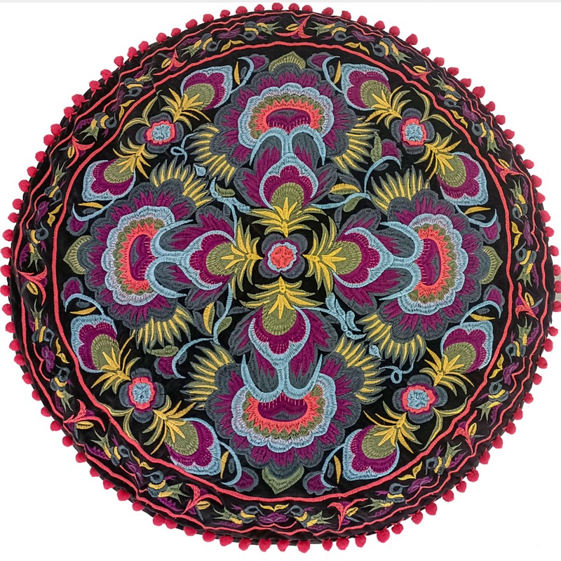 Black Round Pouf Ottoman Cover with Velvet Embroidery - Soft