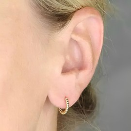 10MM Yellow Gold-Plated Sterling Silver Twist Huggie Hinged Hoop Earrings for Women Men Unisex - 925 Sterling Silver Round Hoop Earrings - Small Mini Sleeper Earrings