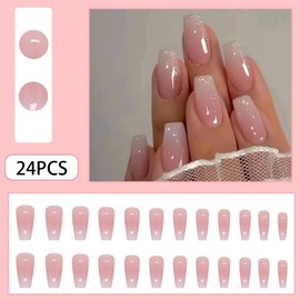 Medium Press on Nails Coffin Fake Nails 24Pcs Ombre Pink Square False Nails with Gloss Designs Acrylic Nails Press ons Artificial Nails Stick on Nails for Women and Girls