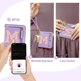 COSHAYSOO Initial Wallet RFID Small Bifold Slim Letter Wallet for Women Teenager Girls Travel Daily Necessities Credit Cards Money Cash Coin Organizer, Lavender, Compact, M