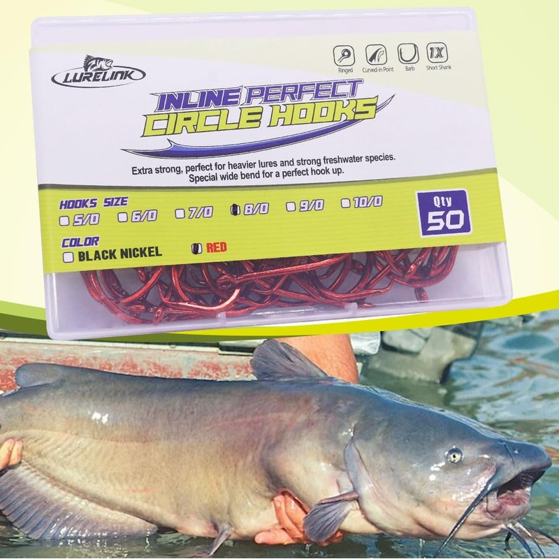 LURELINK-Inline-Circle-Hooks-Saltwater-for-Catfish-Bass-Octopus-Hooks-Fishing-Hook-Freshwater 50 Pack (5/0 50-Pack, Red)
