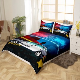 Sunnybed Police Car Duvet Cover Cartoon Police Bedding Set for Teenagers Boys, Policeman Vehicle Car Red Blue Police Officer Lights Truck Emergency Strobe Light Bedroom Decor 135 x 200 cm