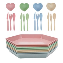 Mulaibdin 8 Pack Plastic Plates Reusable, Unbreakable Dinner Plates 6.6 Inch, Camping Plate with Cutlery & Dipping Bowls, Lightweight & Colourful Plate Set for Kids Adults Party