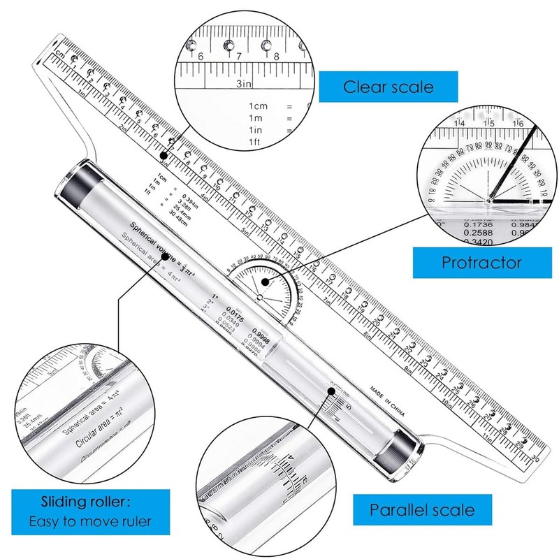 BIUSWEATER 12 Inch Plastic Parallel Rolling Ruler with Transparent Plastic