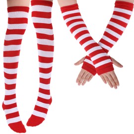 Red and White Striped Socks, Leg Warmers, Striped Arm Warmers Red and White Striped Knee High Socks for Women Leg Warmers Striped Thigh High Socks Fingerless Gloves Stockings Striped Thigh Socks