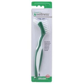 Family Wellness Denture Cleaning Brush, Dual Bristle Heads, with Deep Clean Pick, Assorted Colors