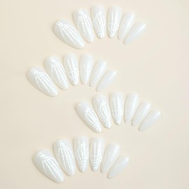 White Press on Nails Glossy Fake Nails with Designs Almond Glue on Nails Medium Length False Nails Full Cover Stick on Nails Reusable Artificial Nails Almond Shape Nail Tips for Women Girls Nail Art