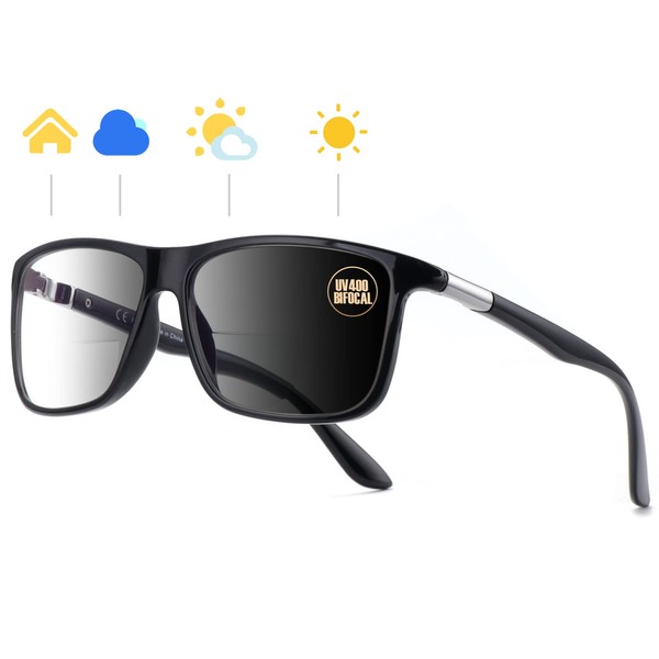 Missfive Missfive Photochromic Bifocal Reading Glasses Men Blue Light Protection,