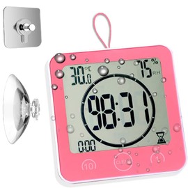 Waterproof Hanging Wall Clock Shower Timer, Large Digital Bathroom Alarm Clock for Kids, Big Visual Kitchen Cooking Countdown Timer, Bath Temperature Humidity Meter Mirror Suction Cup Timer (Pink)