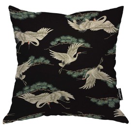 Moslion Throw Pillow Cover Japanese Bird Asian Dancing Oriental Crane Pine Tree Vintage Design Animal Square Pillow Case Cushion Cover for Home Car Decorative Cotton Linen 18x18 Inch