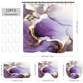 RLHHUG Purple Gold Marble Shower Curtain Sets with Rugs for Bathroom Decor, 72x72 Inches Gold Shower Curtain with Non-Slip Rugs and Accessories, Waterproof Machine Washable Bath Curtain