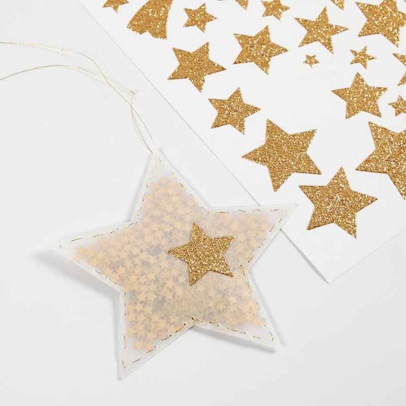 Glitter Stickers, sheet 10x24 cm, approx. 110 pc, gold, stars,
