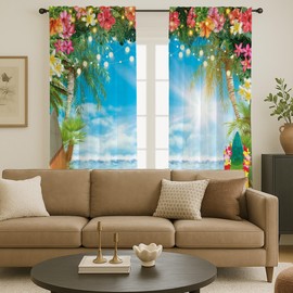 Msocio Summer Sea Beach Window Curtains with Rod Pocket Hawaiian Tropical Window Luau Ocean Decor for Bedroom Living Room Decor 2 Panels Set (82''W x 84''L)
