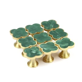 EVERGD 27mm Pure Copper Handle Shell Brass Gold Wardrobe Kitchen Cabinet Door Knobs Drawer Cupboard Hardware Pull Handle Clothes Coat Hook Modern Simple (9, Four-Leaf-Ink Green)
