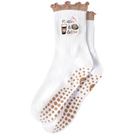 Cute Pilates Grip Socks for Women Ruffle Frilly Yoga Socks Non Slip Cotton Crew Grippy Sock for Barre Workout (CA/US, Alpha, One Size, Regular, Regular, 1 Pack-Brown)