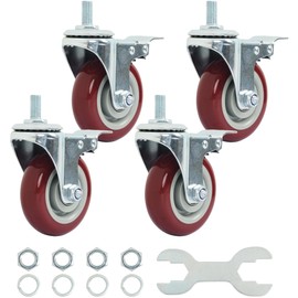 Finnhomy Swivel Caster Wheels 4 Inch Threaded Stem Casters Set of 4 Heavy Duty 1/2"-13 x 1 with Brake Polyurethane Industrial Locking Castors Wheels for Cart/Furniture 2200 Lbs Smooth Casters, Red