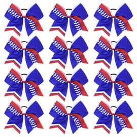 DEEKA 12 PCS Softball Cheer Bows 8" Thread Large Cheerleader Hair Bows Ponytail Holder Handmade for Teen Girls Sports -Royal Blue/Red/White