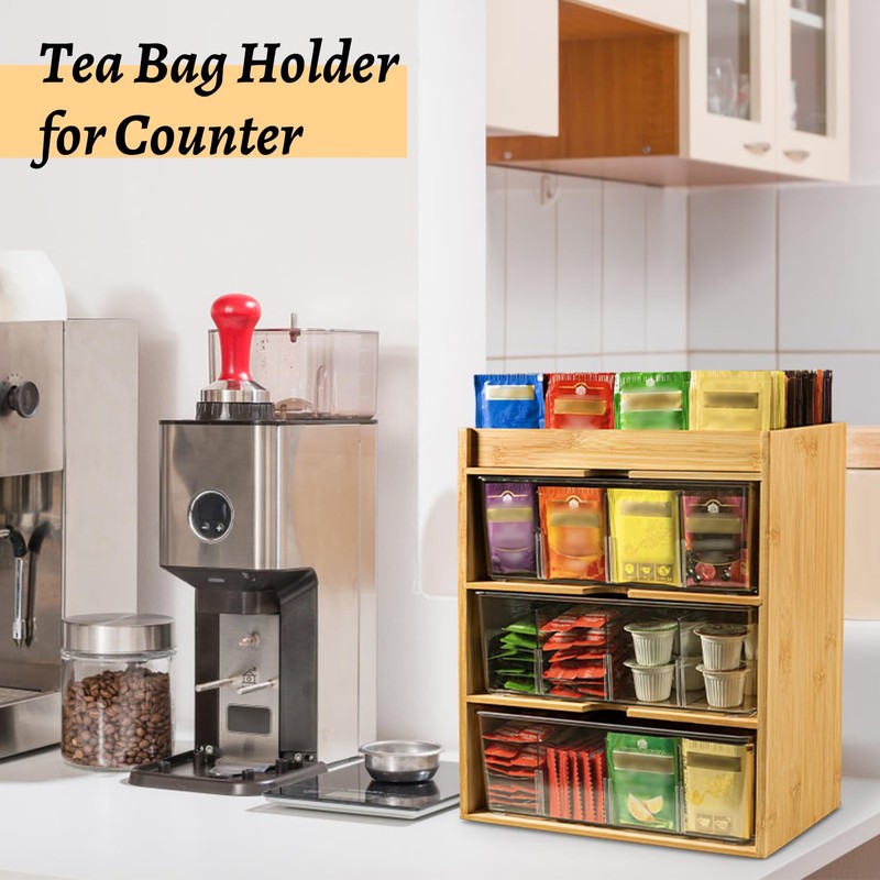 TIMIEEYA Tea Bag Organizer - Bamboo Tea Storage With Drawer