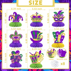 KEWUFD 8PCS Happy Mardi Gras Honeycomb Centerpieces Mardi Gras Decorations Happy Mardi Gras Centerpieces for Tables