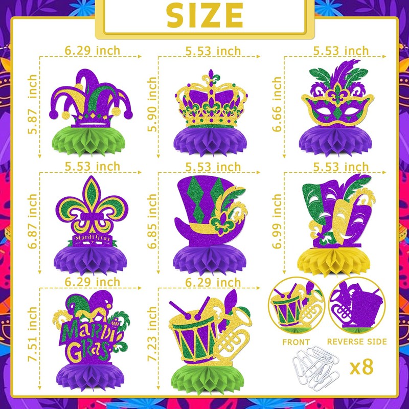 KEWUFD 8PCS Happy Mardi Gras Honeycomb Centerpieces Mardi Gras Decorations