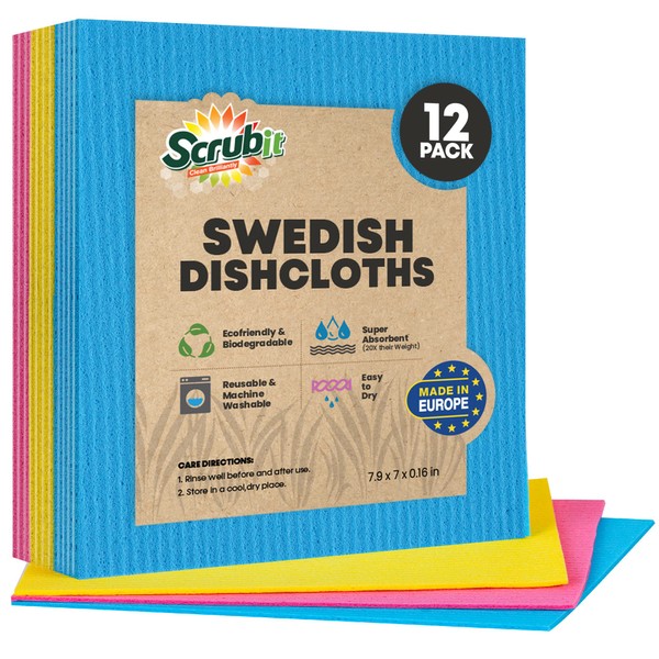 SCRUBIT Swedish Dish Cloths - Reusable Kitchen Clothes - Ultra Absorbent Dish Towels for Kitchen, Washing Dishes, and More - Cellulose Sponges Cloth (Assorted Colors) (12)