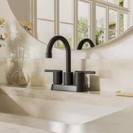 Phiestina Matte Black 4 inch Centerset 2 Handle 2 or 3 Holes Bathroom Sink Faucet，Bathroom Faucet with Pop Up Drain and Water Supply Lines,BF015-14-MB