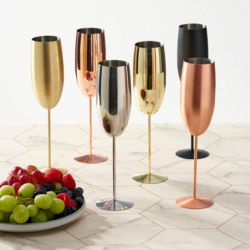 Oak & Steel - 8 Stainless Steel Champagne Flutes with