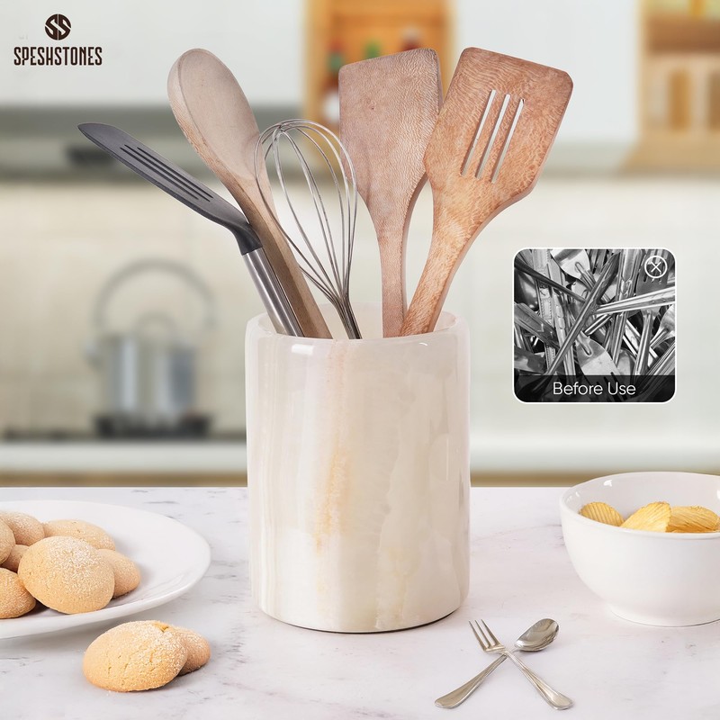 SPESHSTONES Marble Utensil Holder 6.5 Inch White Onyx Wooden Cooking