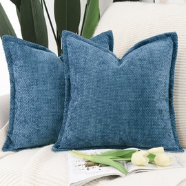Madizz Set of 2 Chenille Velvet Cushion Covers with Flange Soft Boho Textured Throw Pillow Covers Broadside Pillowcases Modern Farmhouse Home Decor for Sofa Bedroom Dark Blue 16x16 inch, 40x40 cm
